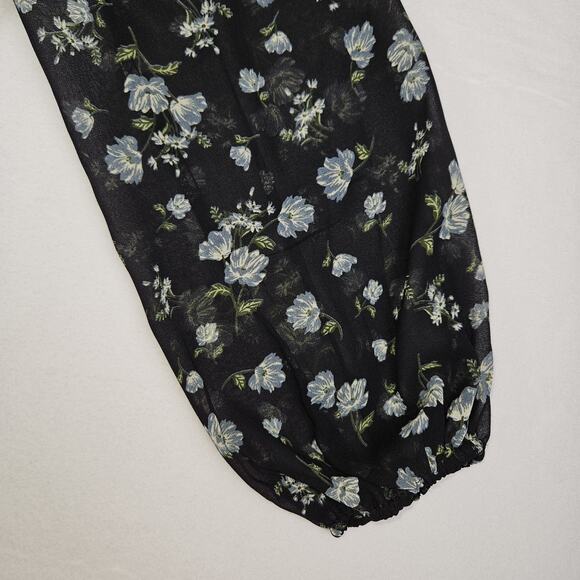MNG Mango Womens Pleated Floral Blouse Relaxed Necktie Black Cottage Romantic 6 - Picture 10 of 16